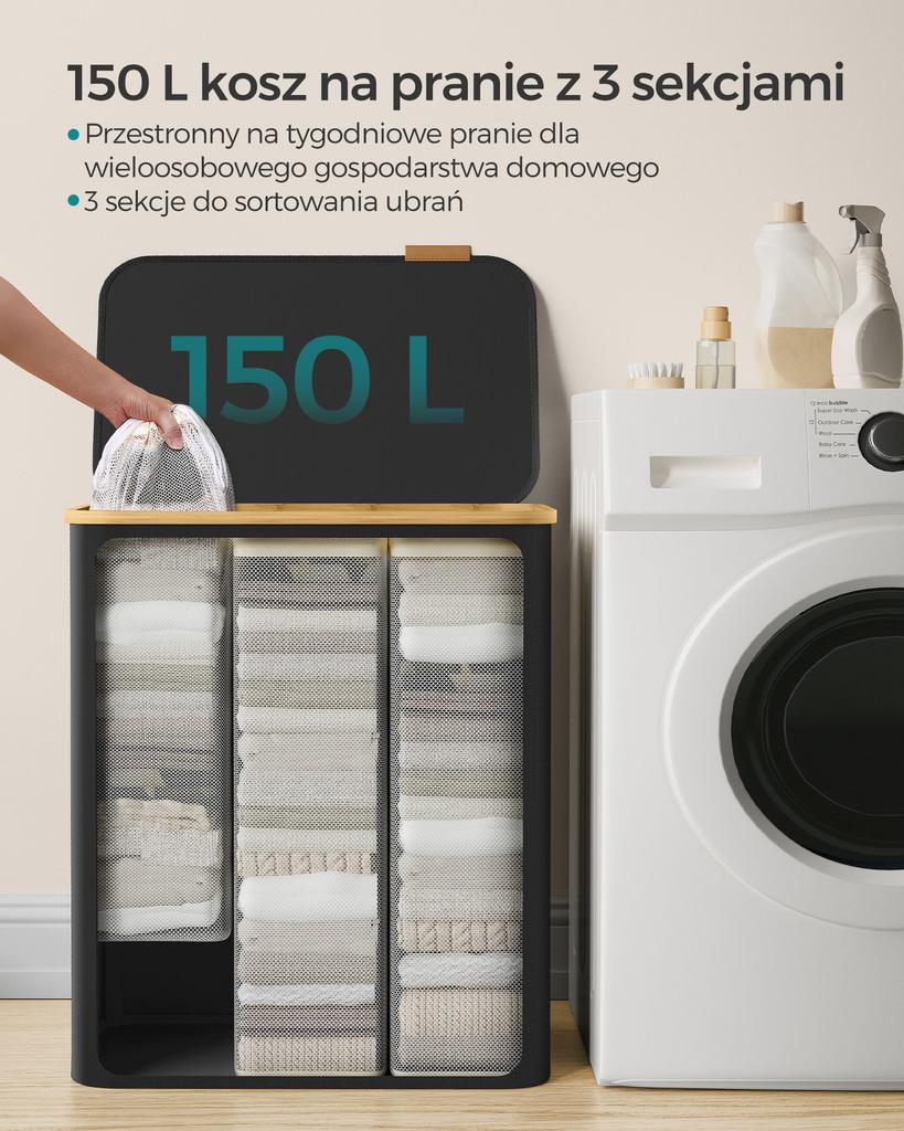 Czarny Kosz Na Pranie Z Pokrywą 150 L