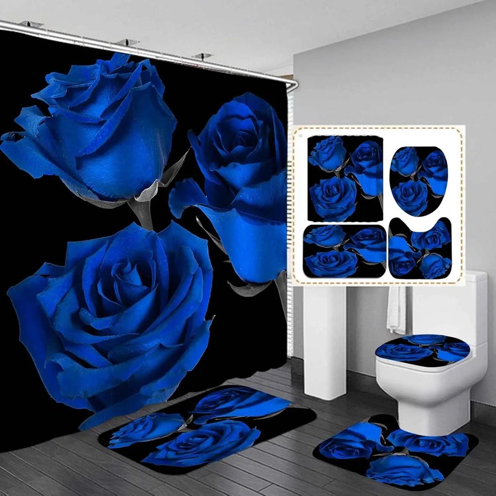 Elegant Blue Flower Shower Curtain Set Waterproof Bathtub Curtains Non-Slip Rugs Bath Mat Toilet Lid Cover Bathroom Set Decor