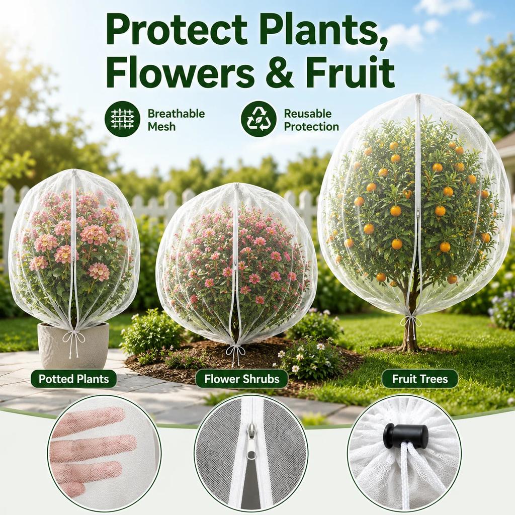Extra Thick Garden Plant Protection Net with Zipper Drawstring, PE Insect Bird Netting Cover for Fruit Trees Citrus Flowers