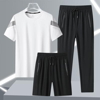 Herren Ruhe Set Dreiteilig Kurzarm Eis Seide Sommer Atmungsaktiv Freizeit Sport Set