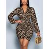 2026 New European and American Leopard Print Print Chest Wrap Sexy Deep V Slim Fashion Elegant Long-sleeved Dress