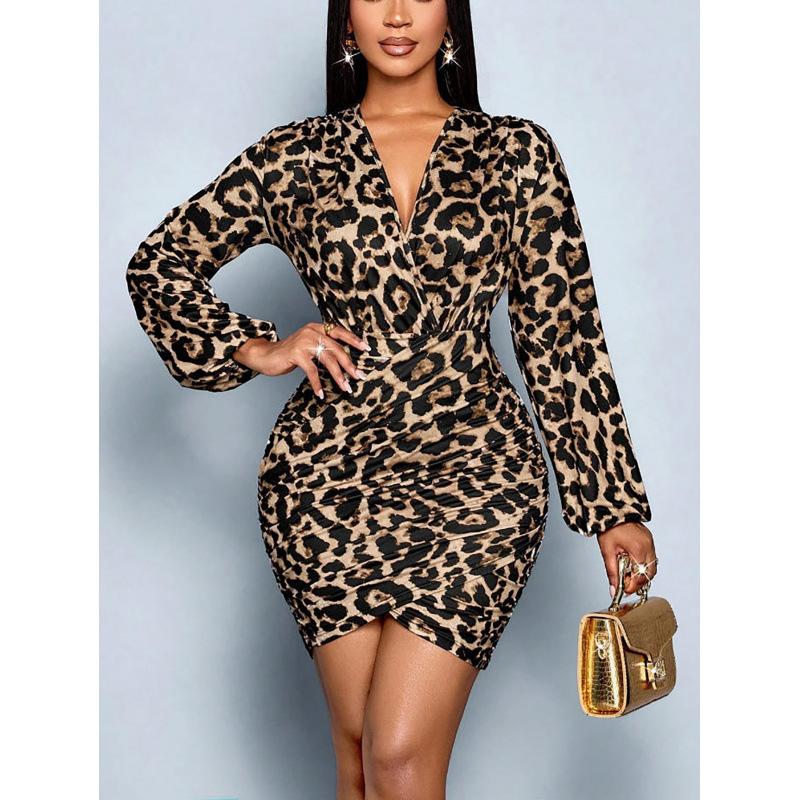 2026 New European and American Leopard Print Print Chest Wrap Sexy Deep V Slim Fashion Elegant Long-sleeved Dress