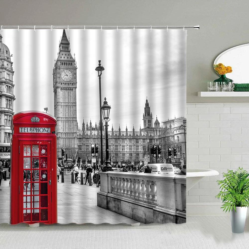 Paris Street Scenery Black And White Design Red Tram Bathroom Shower Curtain Waterproof Bathtub Home Decor Background Curtains