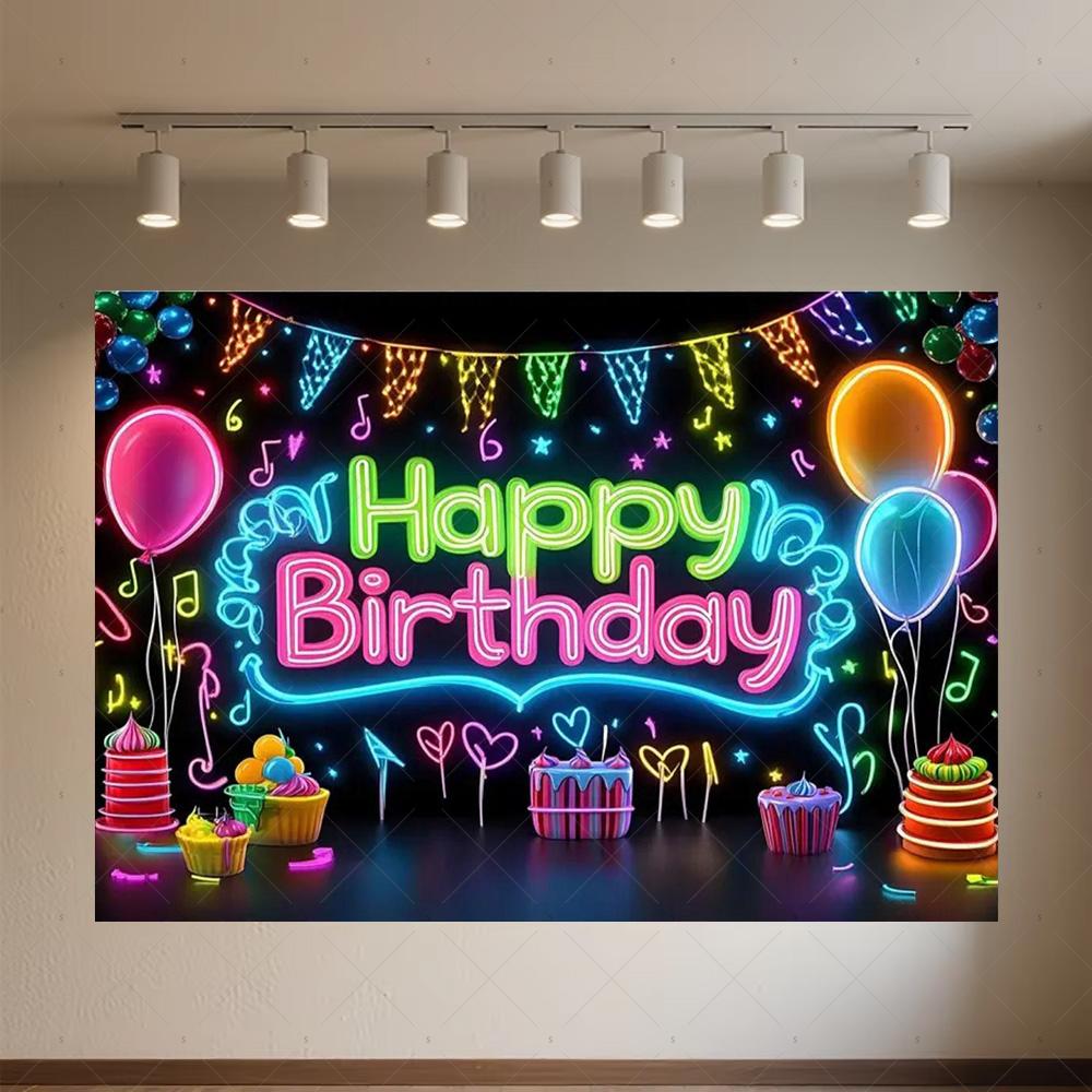 Glitter Happy Birthday Background Banner Glow Neon Dance Carnival Party Decorations Colourful Backdrop Supplies Photography Prop