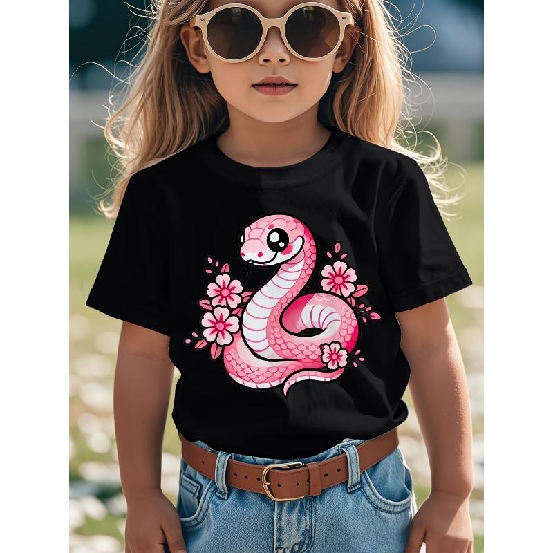 European Sizes Kawaii Pink Snake and Flowers Year of Snake Funny Awesome Graphic Kid T-Shirt | Casual Streetwear Tees Tops for Kids