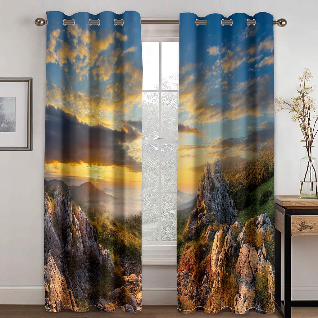 Sunset Beach Forest Mountain Beach Curtain, a Set of Two Pieces, Home Bedroom Living Room Shade Curtain
