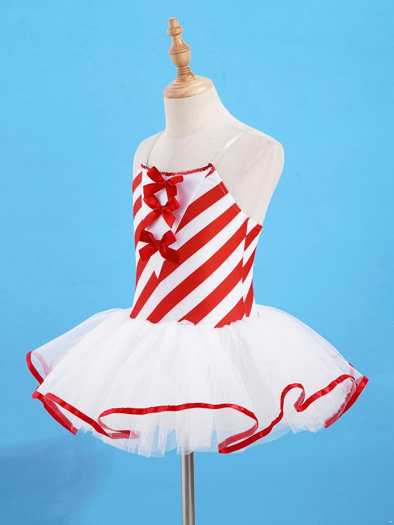 Girls Christmas Dance Dress Sleeveless Adjustable Straps Bowknot Adorned Stripes Print Mesh Tutu Dress