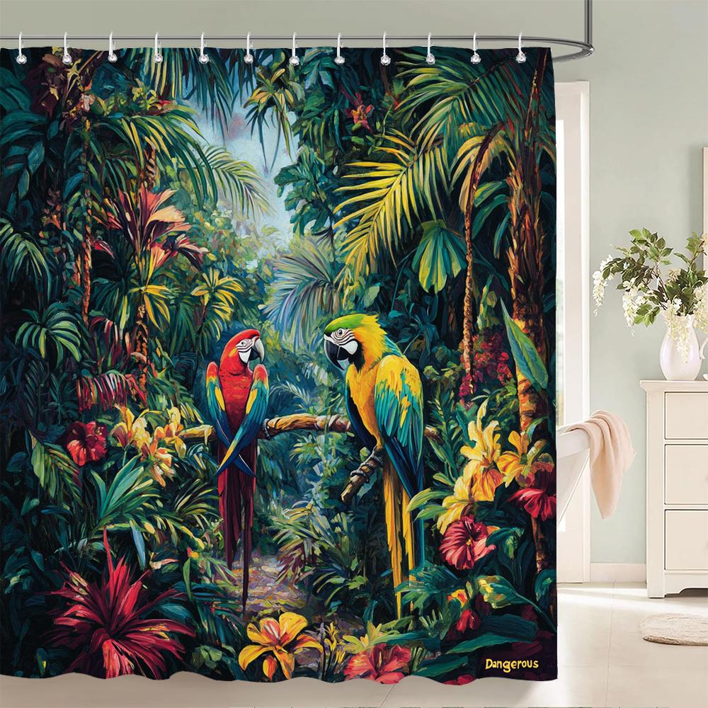 Tropical Plants, Flowers and Birds Shower Curtain for Bathroom Plant and Floral Decorative Shower Curtains with Hooks