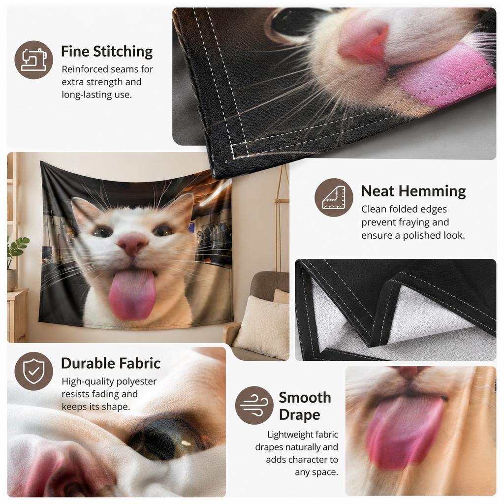 Quirky White Cat Tapestry Silly Face Meme Wall Hanging Flat Print Aesthetic Room Decor for Teen Bedroom Dorm Living Room