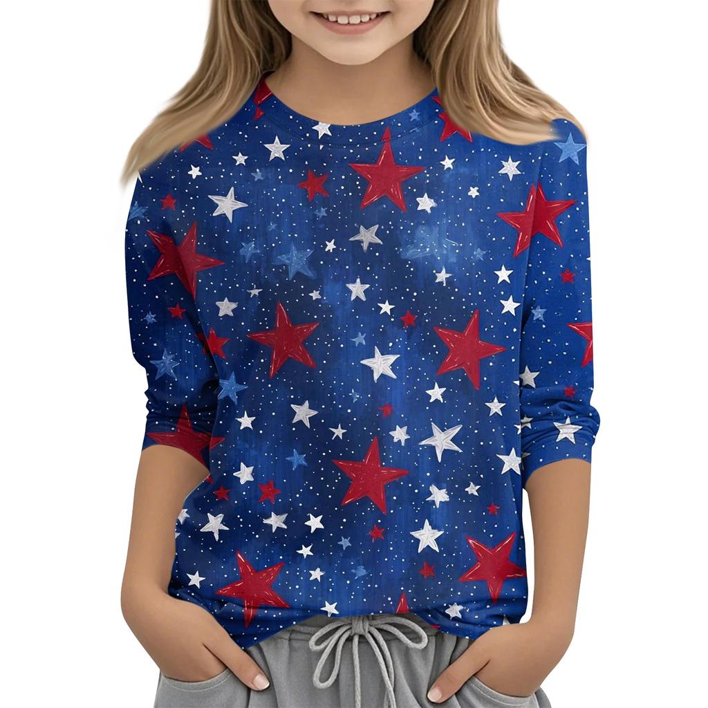 Dziecięce bluzki z rękawem 3/4, casualowy T-shirt z nadrukiem, okrągły dekolt, bluzka typu pulower