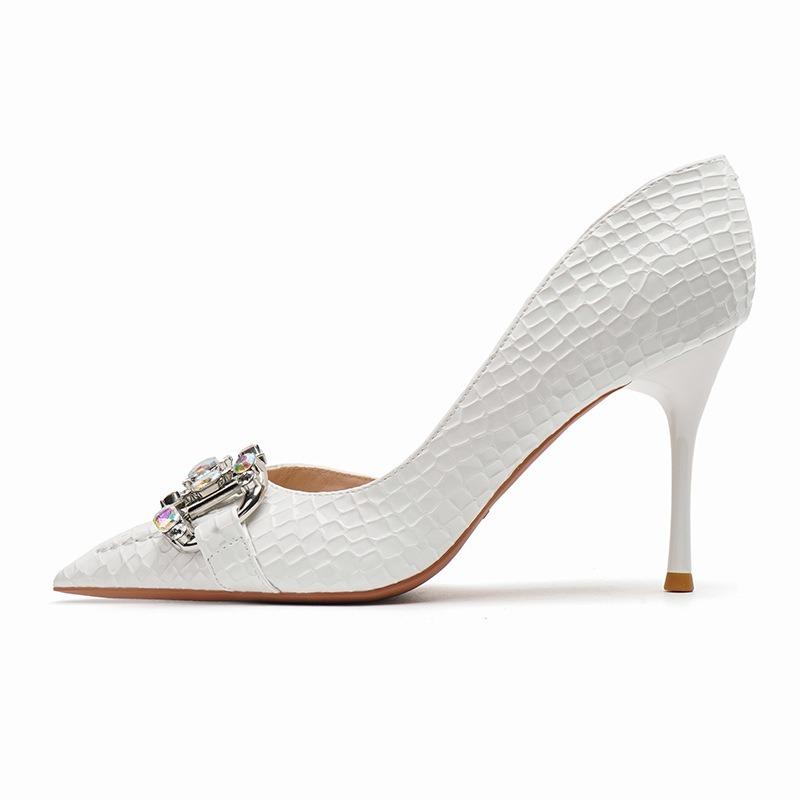 6-Niche Design Texture Side Empty High Heels Rhinestone Metal Buckle Stiletto Single Shoes Pointed Women's Shoes