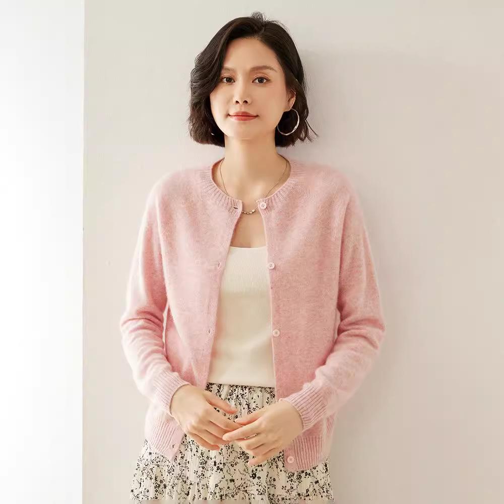 Women's Cashmere Round Neck Cardigan - Autumn/Winter Slim Fit Knitted Sweater, Solid Color, Versatile Outerwear