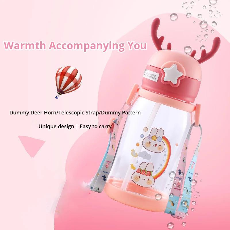 1pc Children's Straw Water Cup Cartoon Deer Antler Large Capacity Plastic Cup Summer Kindergarten Baby Student Big Belly Cup