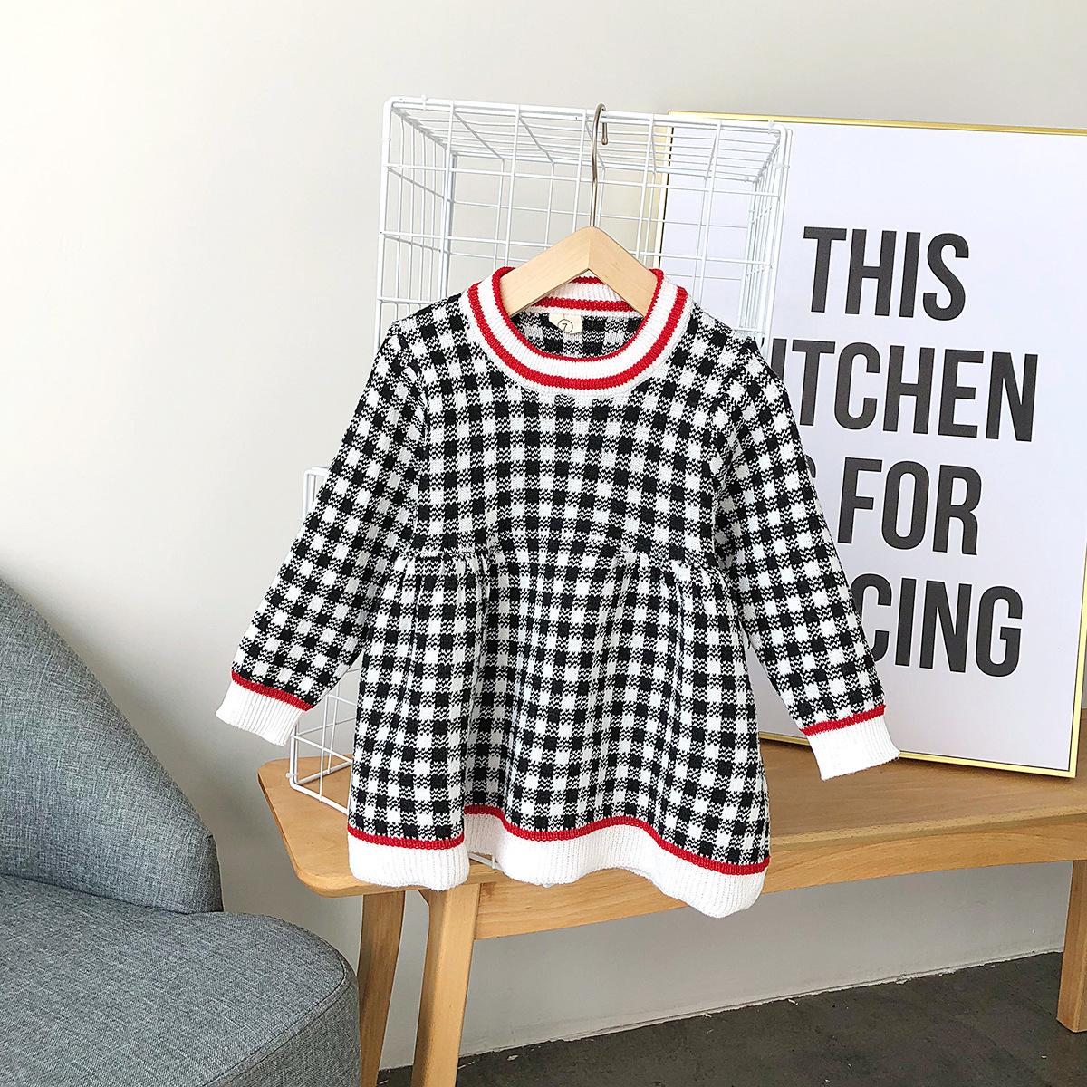 

Платье для девочек Детская клетчатая юбка с длинными рукавами для малышей в пасторальном стиле 110cm чёрный