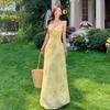 Cream yellow French flying sleeves floral V-neck dress high-end temperament fairy waist A-word long dress female summer