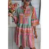 Women's Fall Vintage Print V Neck Dress, 3/4 Sleeve Loose Casual Boho Tiered Dress for Daily Wear
