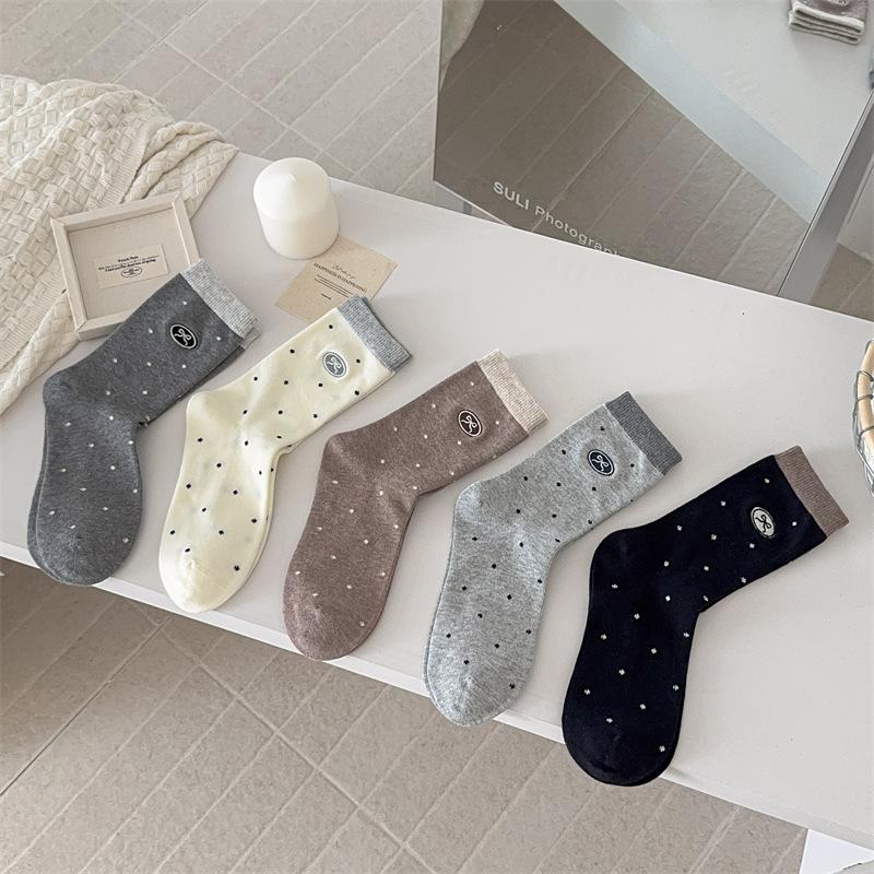 Coffee-colored Socks, Women's Polka Dot Mid-calf Socks, Autumn Cotton Socks, Trendy Embroidered Bows, Cute Pile Socks