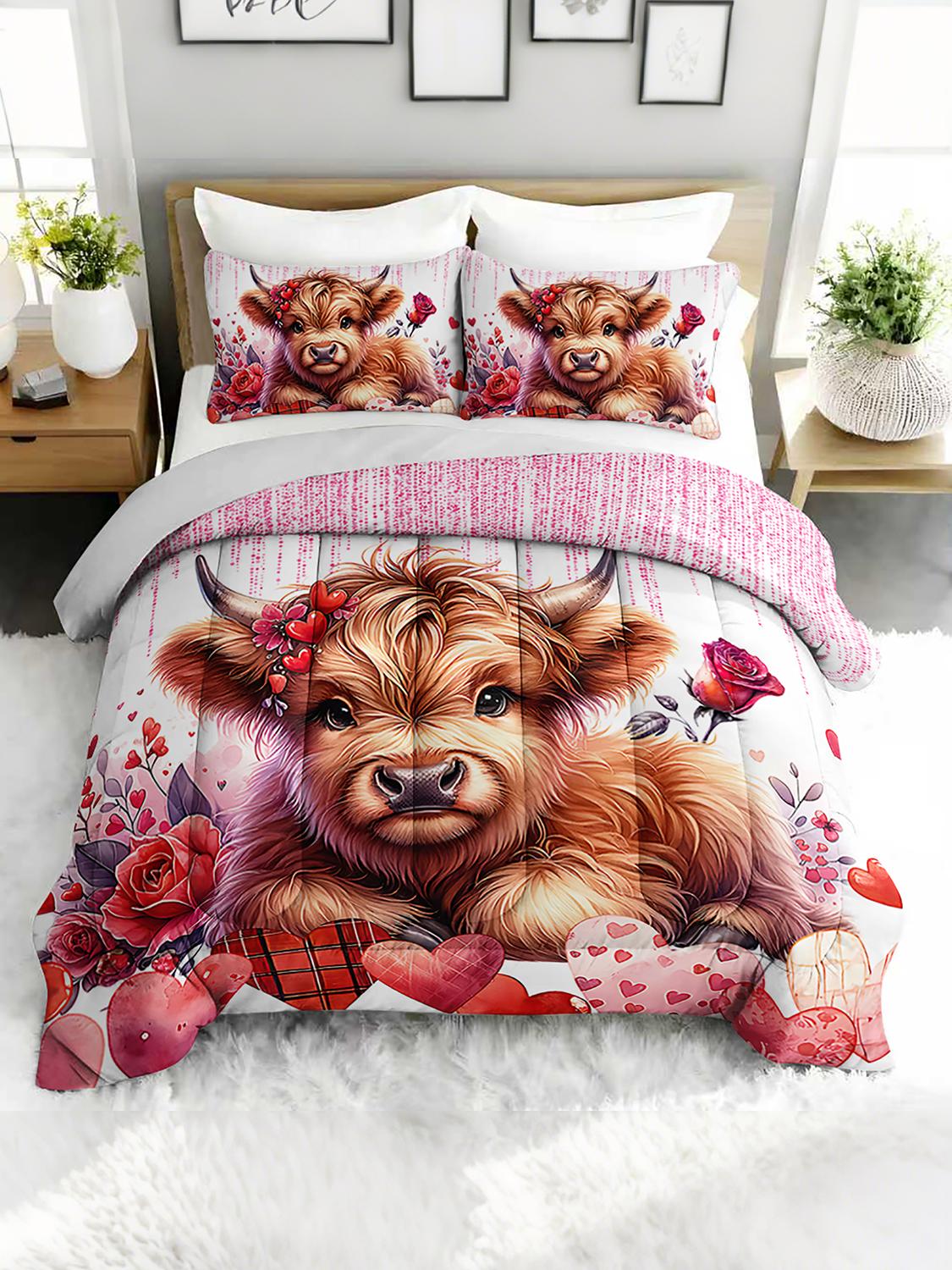 

3PC Highland Cow Comforter Set Cute Animal Farmhouse Bedding with Heart Rose Duvet 2 Pillowcases for Bedroom Guest Room Twin