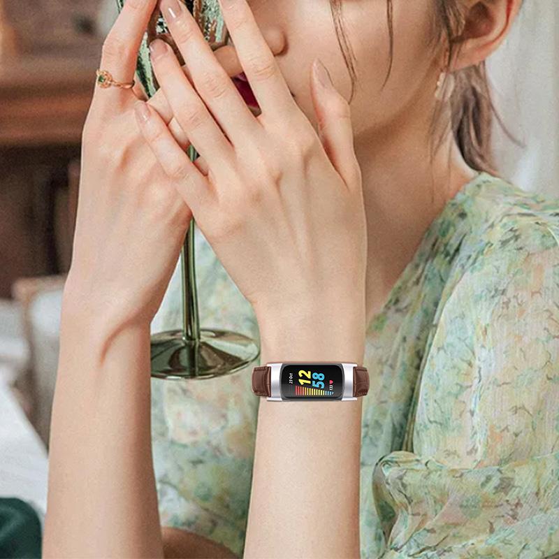 Genuine Leather Crocodile Texture Smart Watch Strap Adjustable Watchband for Fitbit Charge 6/5