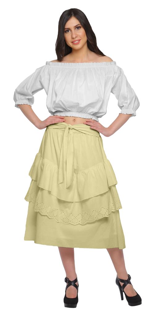 Moomaya Solid Cotton Skirts For Women Knee Length With Lace Belt Ruffle