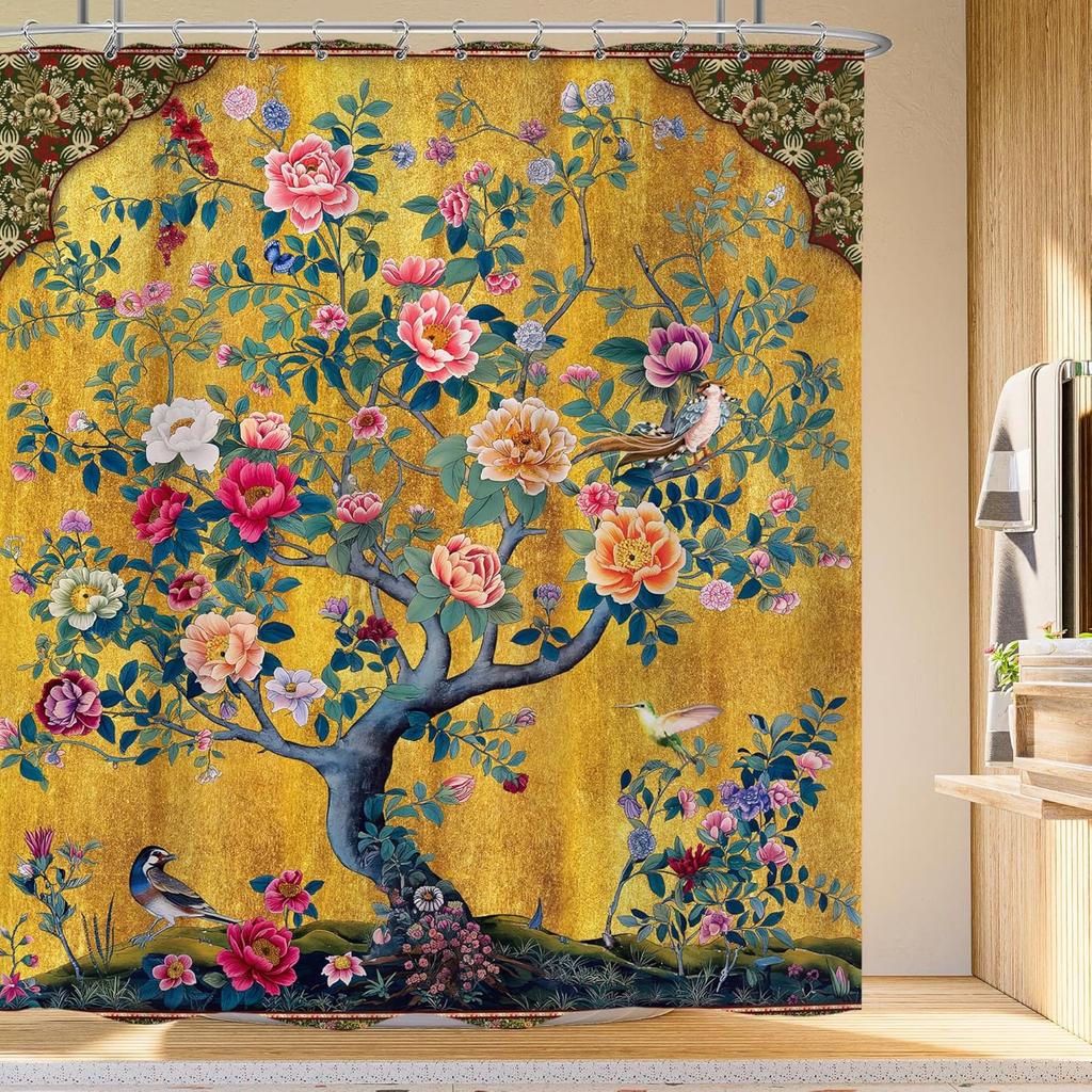 Czarny Kot Księżyc Zasłona Prysznicowa Mistyczna Noc Kwiat Wiśni Kwiatowy Gotycki Nowoczesny Estetyczny Tkanina Wodoodporny Poliester