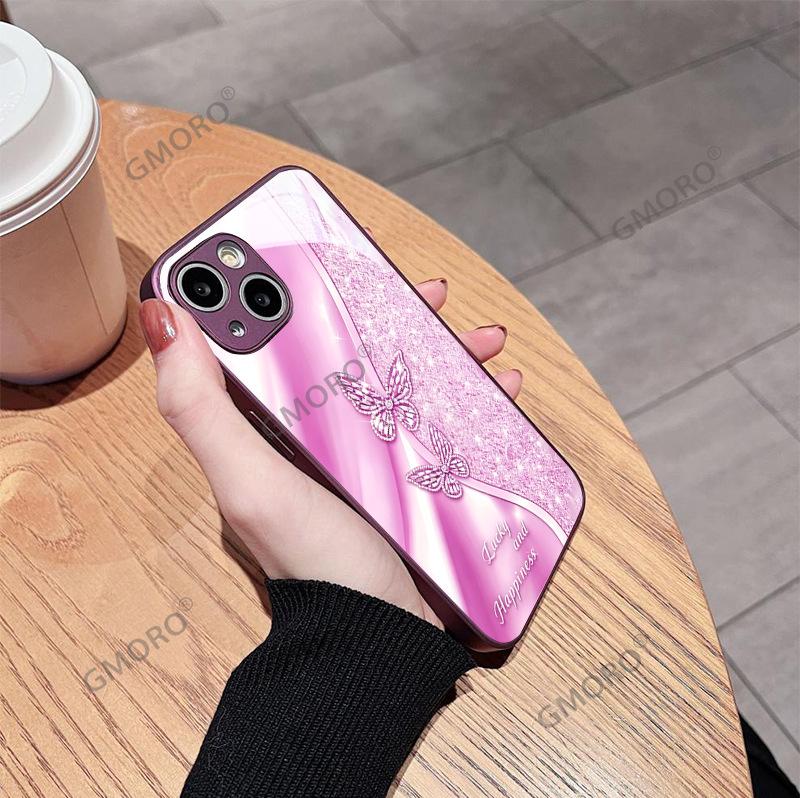 Light luxury flash diamond butterfly mobile phone case Apple 14promax metallic paint glass case iPhone17pm protective case