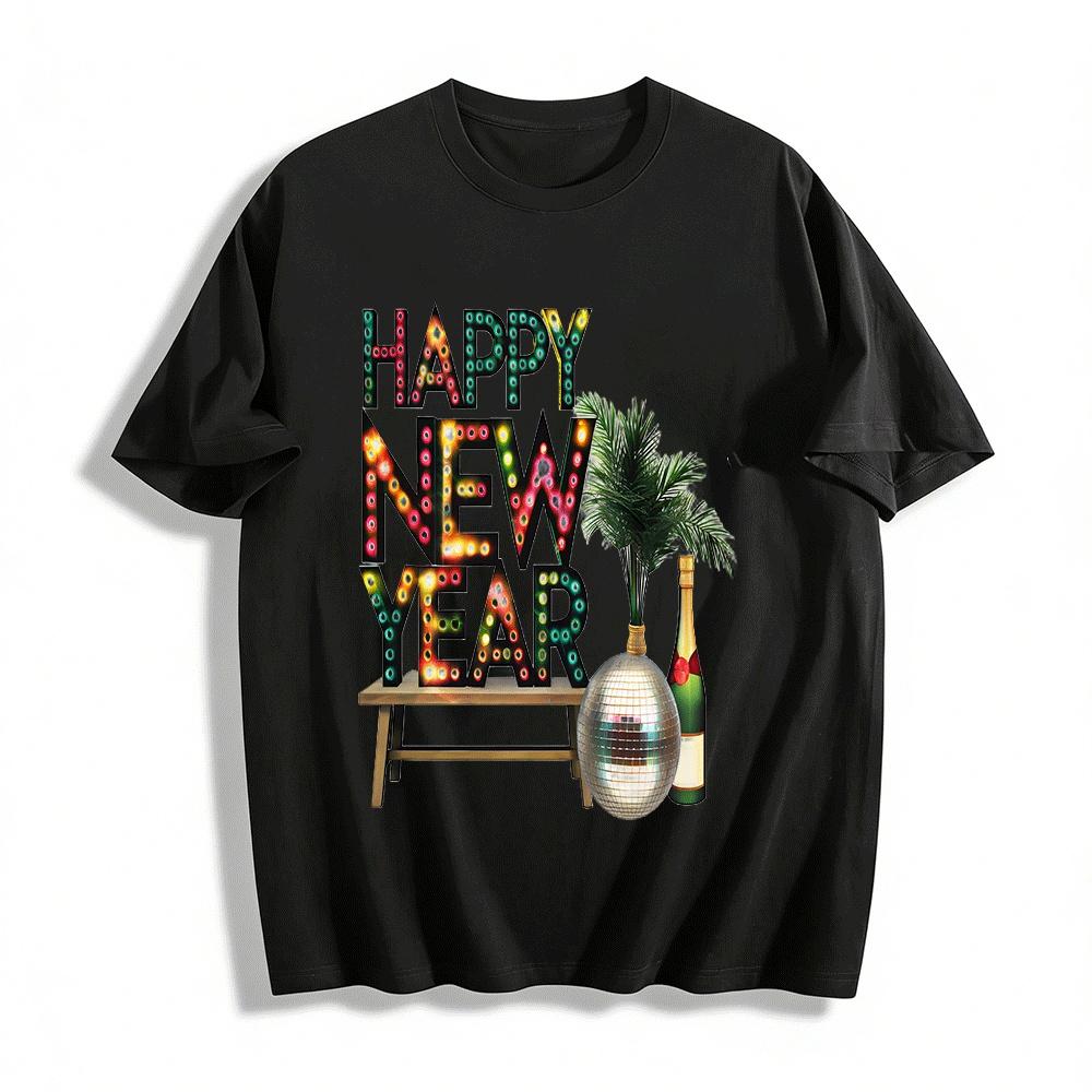 

Happy New Year Retro Marquee Print Casual Top Pure cotton T-shirt XXS