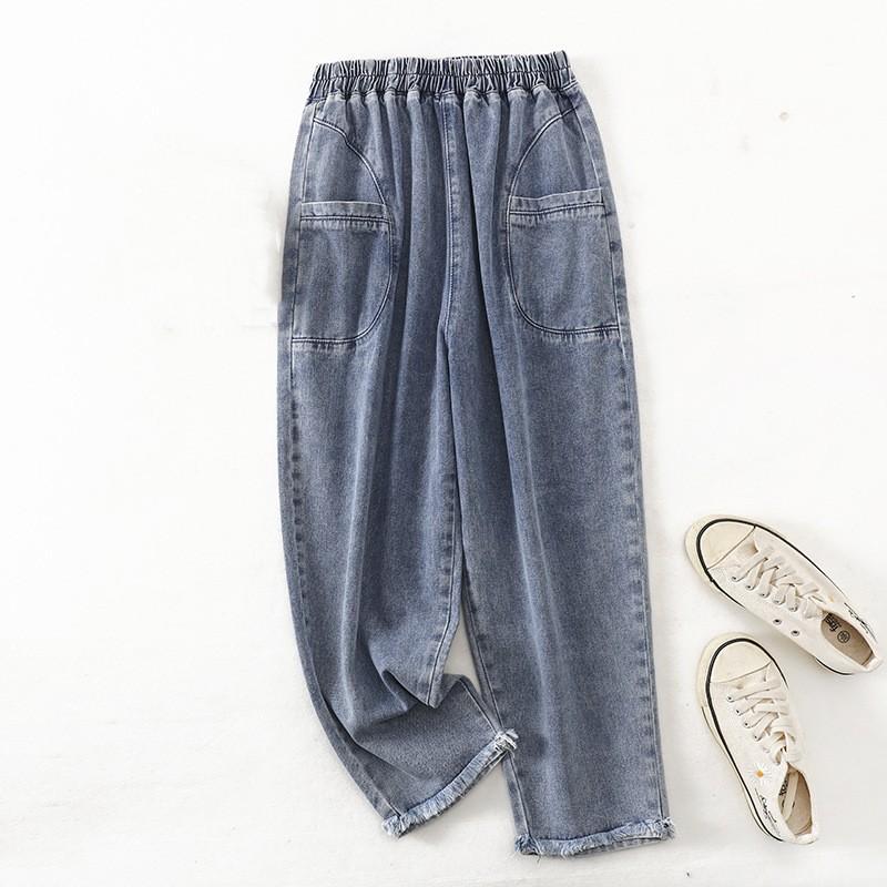 Women's Spring Summer Loose Washed Jeans Raw Edge Casual Harlem Pants