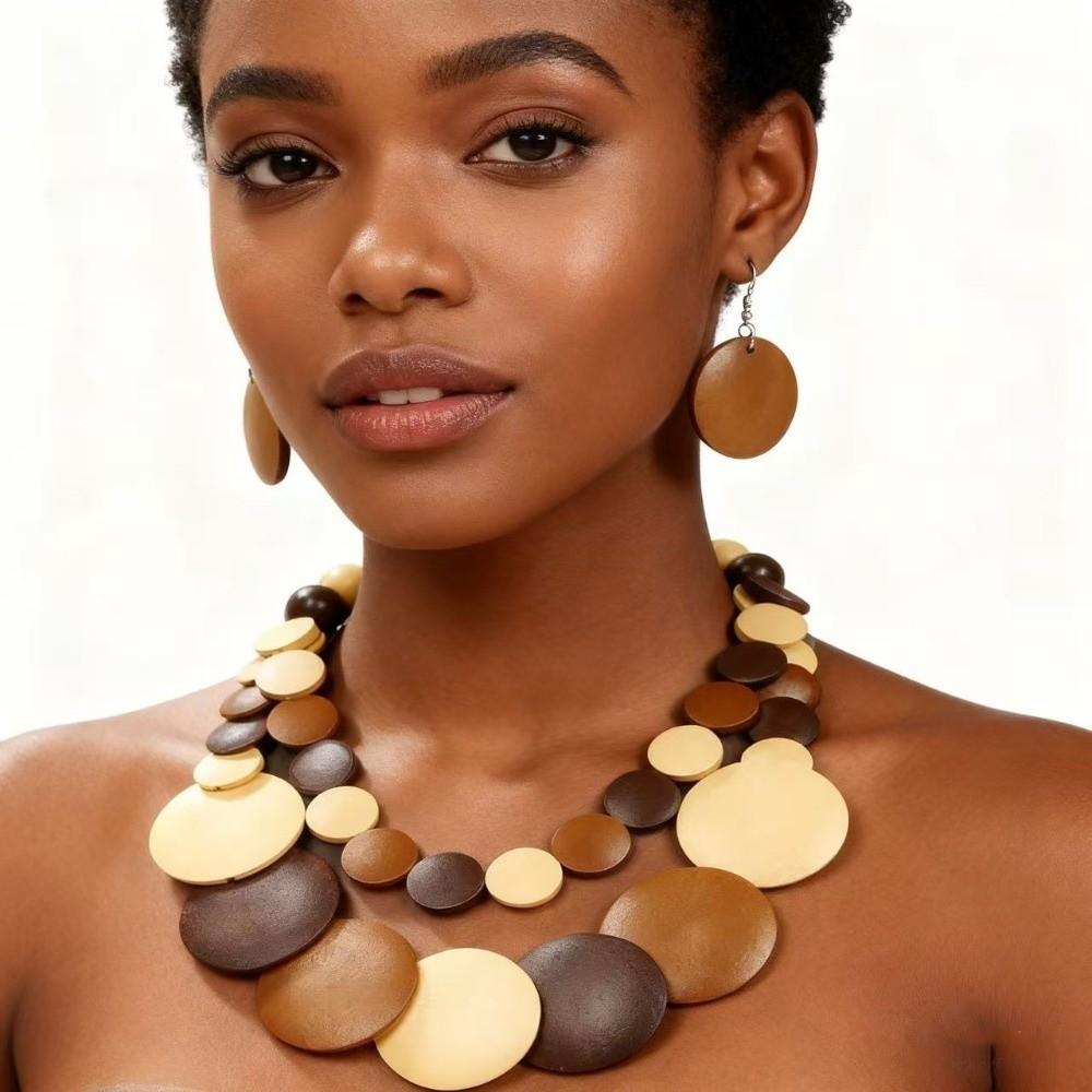 Double Layer Wooden Beaded Necklace Exaggeration Beaded Jewelry Pendant Necklace Beach Vacation