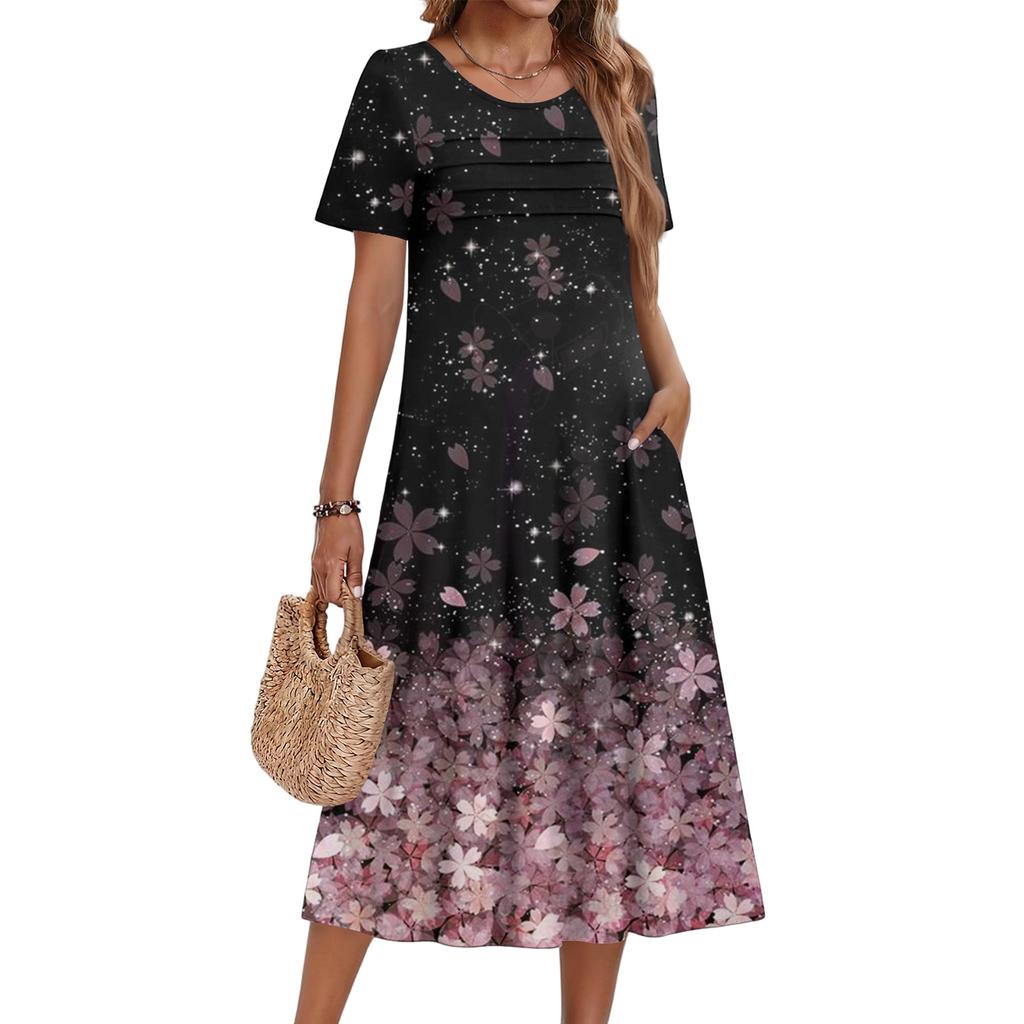 Damenkleid mit Blumenmuster, lässig und modisch, kurzärmelig, Rundhalsausschnitt