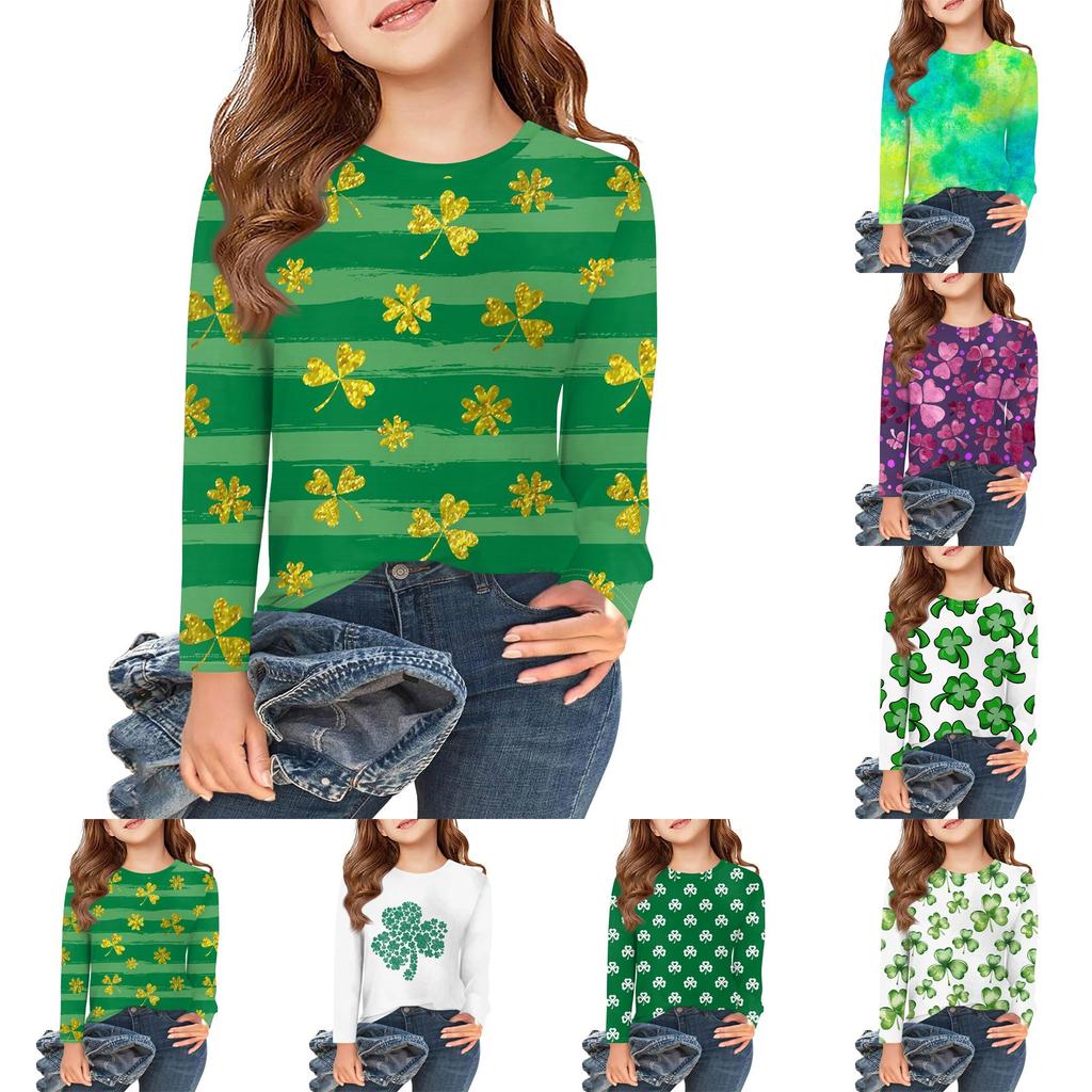 Girls Long Sleeve T Shirts Kids Fall Tops Crewneck Pattern Printed Basic Tees 5-14Y