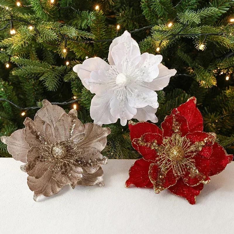 22cm Artificial Flowers Nordic Champagne Christmas Flower New Simulation Pattern Diy Red Multi Layered Christmas Tree Decoration