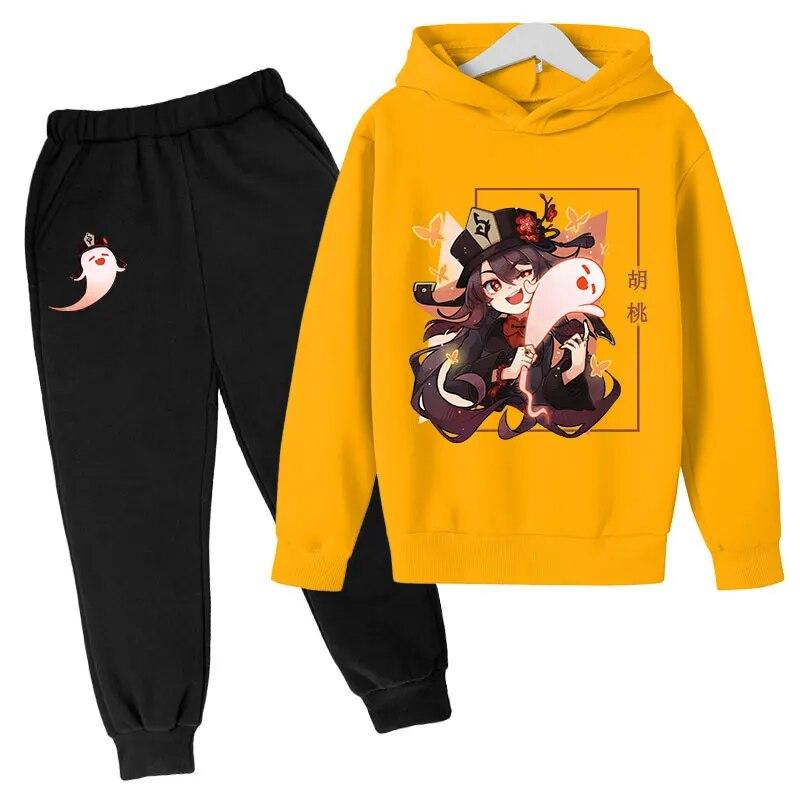 Anime Game Genshin Impact Printed Boys Girls Tracksuit Sets HuTao Pattern Hoodie + Pants 2pcs Sets Fashion Casual Unisex Clothing Children's Set