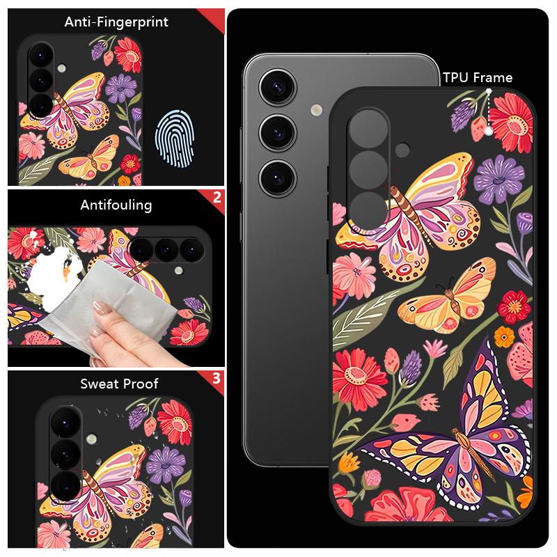 Butterfly Flower Phone Case For Samsung Galaxy A56 A17 A26 A16 A36 A55 A54 A53 A15 S24 S25 FE S25 S22 S23 Ultra Plus Lanyard Soft Cover