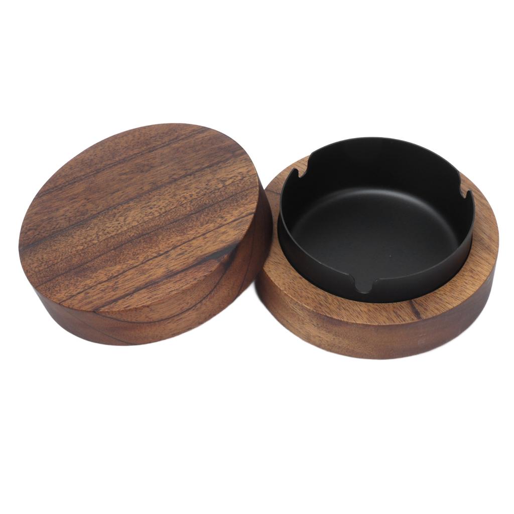 Wooden Compact Ashtray with Lid Stainless Steel Liner Innovative Windproof Cigarettes Ash Tray for Office