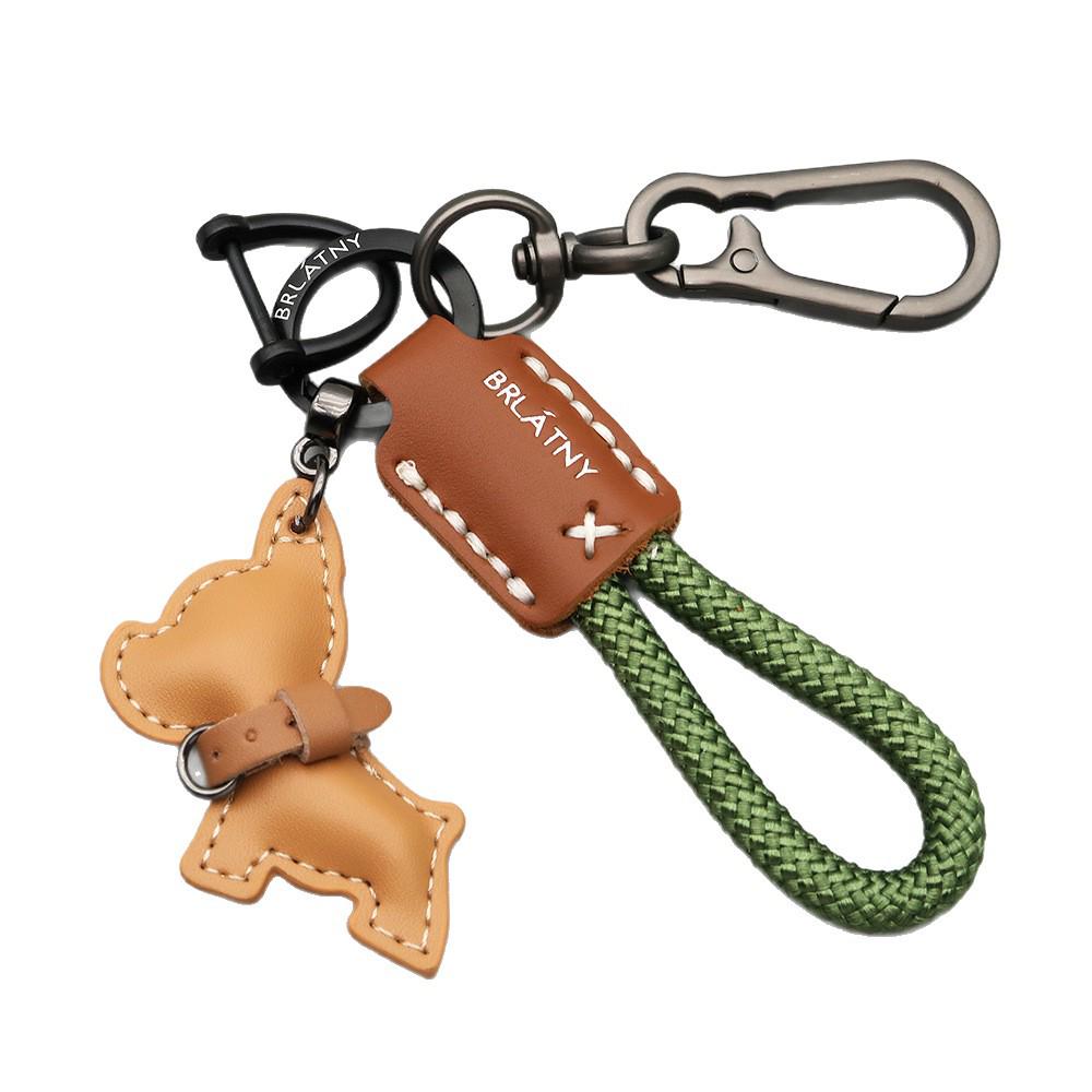 Handmade French Bulldog Genuine Leather Keychain with Anti-Lost Woven Rope Lanyard.