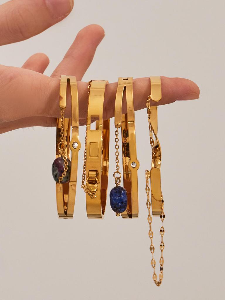 Modern Chinese Style Stone Pendant Gold-Plated Stainless Steel Geometric Bracelet