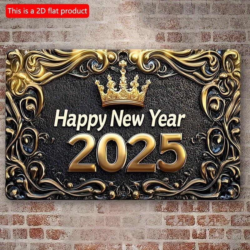 2d Flat 30*20cm, Boho Style Wooden "Happy New Year 2025" Sign, Wall Hanging Decorative Plaque, Multipurpose Square Wreath Sign, for Home, Kitchen,