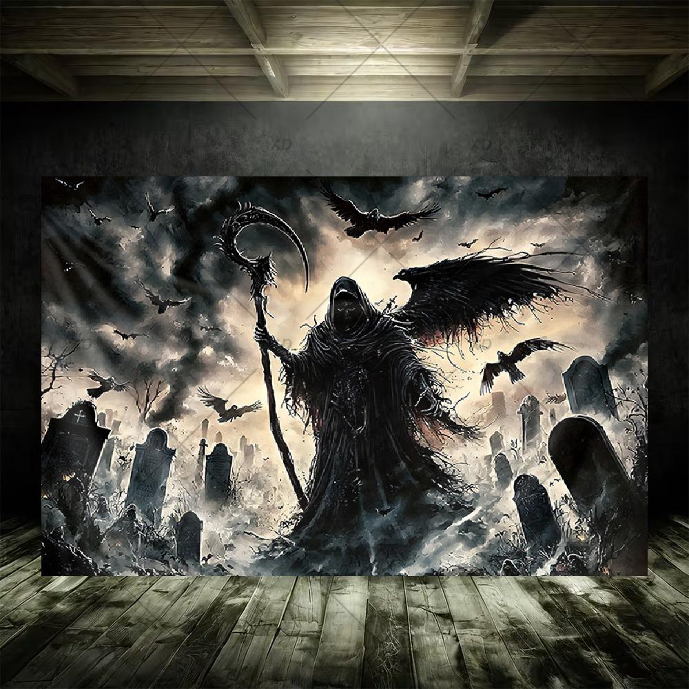 Grim Reaper Horror Halloween Party Decoration Background Spooky Graveyard Cemetery Backdrop Cosplay Photo Booth Studio Banner