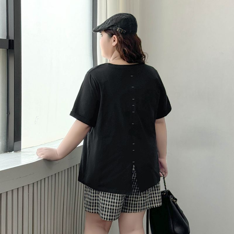 

Plus size women clothing [Minimalist Full Score T] Summer Chubby Girl Loose Short sleeve T-shirt Mid-Length Back Slit round Neck Top Night Sky Black 7xl