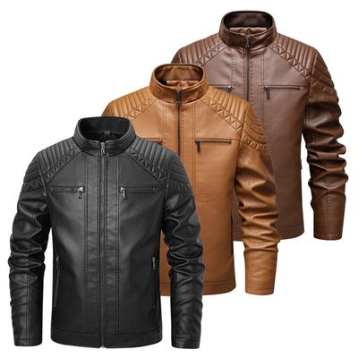Veste pour homme en cuir PU Doublée polaire Taille européenne Fermeture éclair Style rue Moto Automne Hiver Col montant Manteau