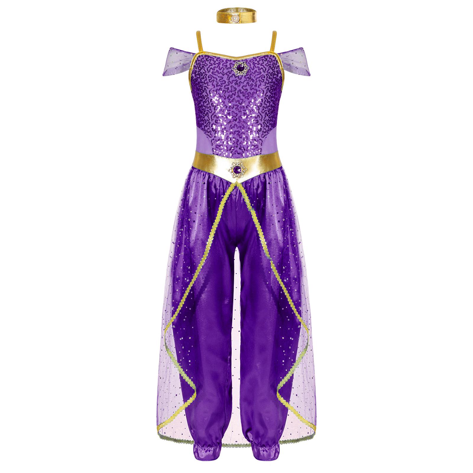 

Girls Arabian Princess Costume Sleeveless Shiny Sequins Gem Patchwork Long Jumpsuit Bodysuit