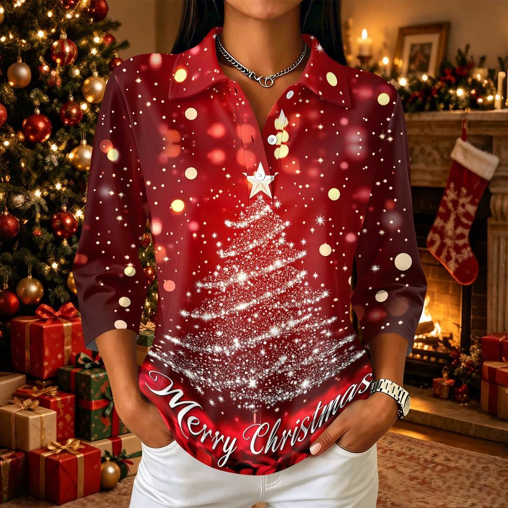 Damen Freizeit Oberteil mit Knopfleiste, Dreiviertelärmel und Kragen mit Weihnachtsdruck