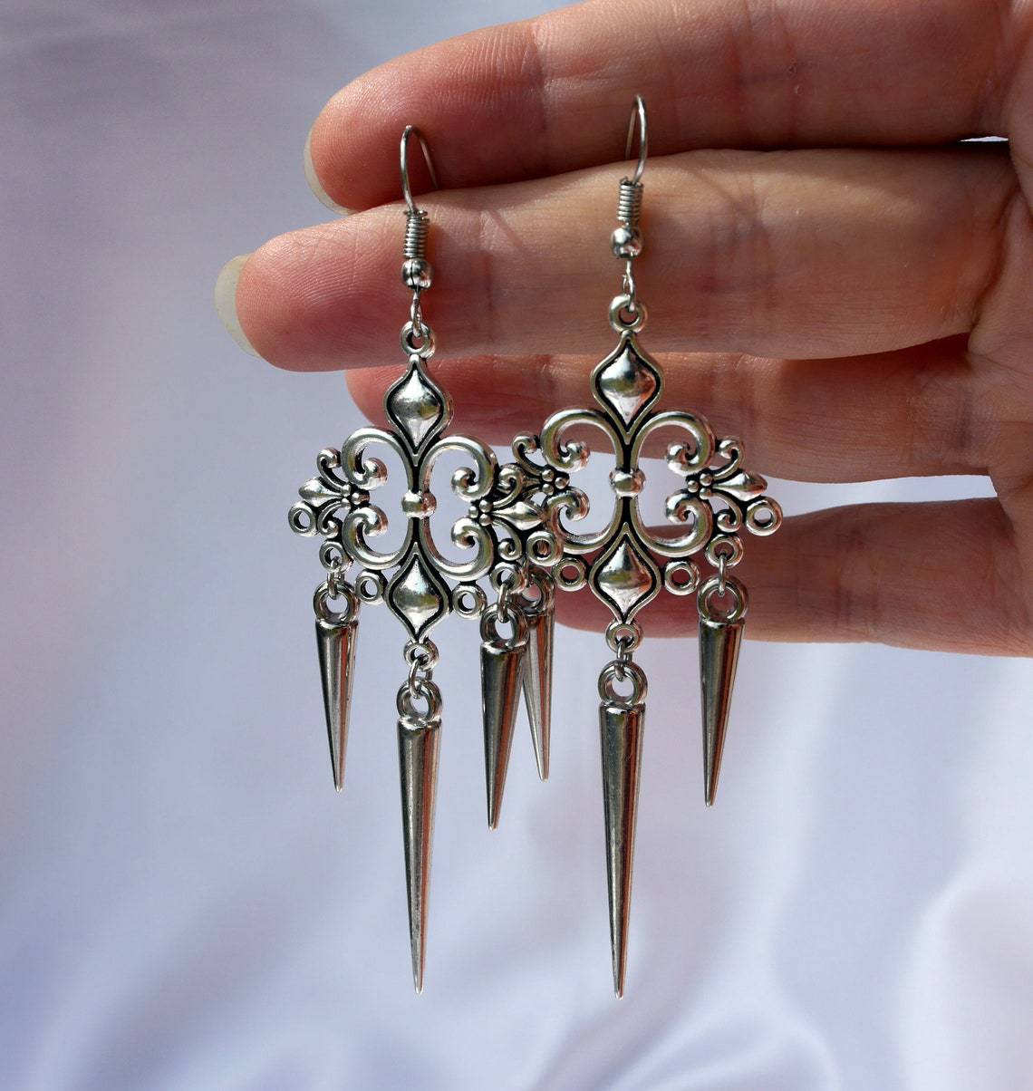 Gothic Personality Silver Color Hollowed-out Irregular Totem Pattern Cone Tassel Pendant Stud Earrings for Women Jewelry Gifts