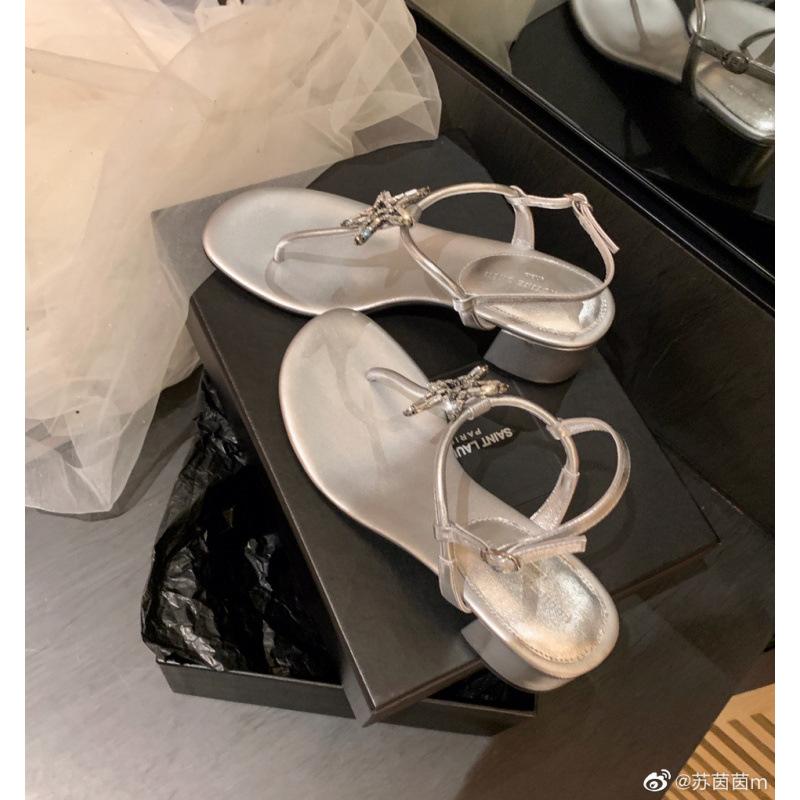 

Туфли Звезда Пятиконечная Звезда Стразы Пряжка Клипса Носок Толстый Каблук Сандалии Женские Весна и Лето 40 серебряный