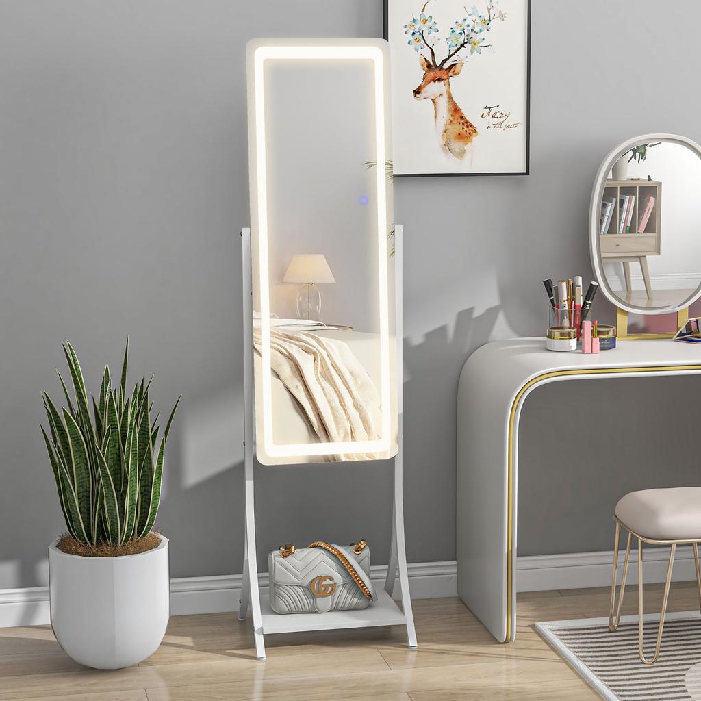 Free Standing Dressing Mirror with LED Lights, Full Length Mirror with 3 Temperature Colours and Storage Shelf