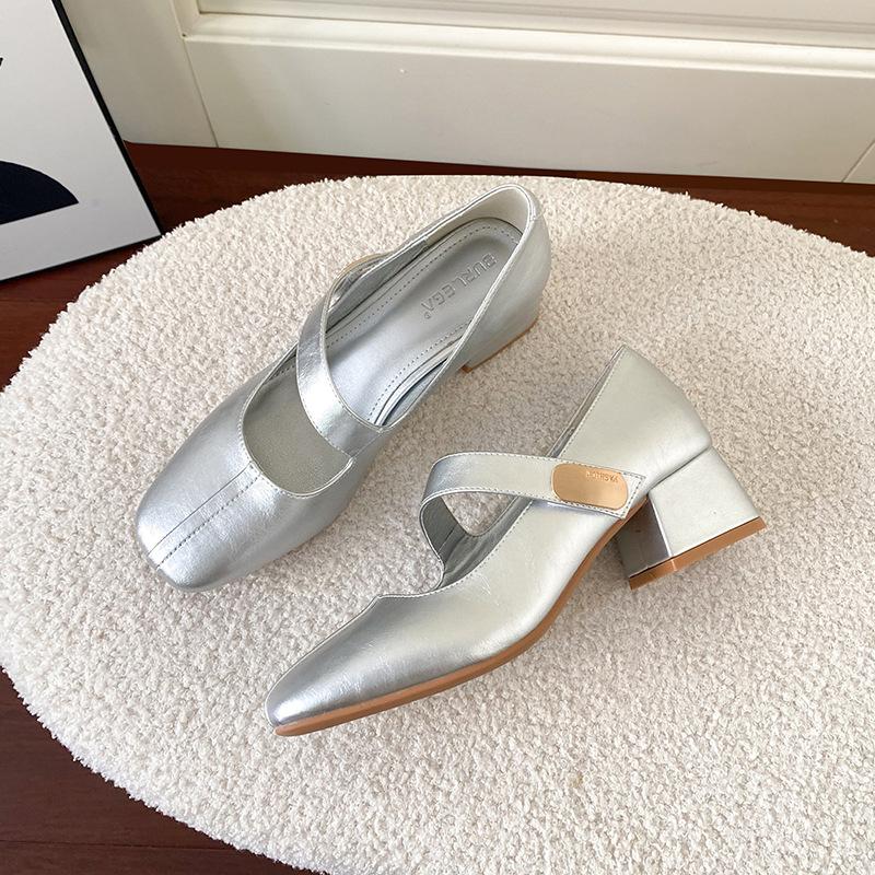 Silver Korean Small Square Head Spring and Autumn New Mary Jane Soft Leather Soft Sole Comfortable Thick Heel Fashion Single Shoes Women