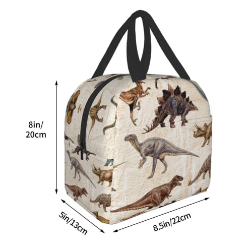 LDU Black Dinosaur Pattern Cartoon Lunch Bag, Black Bento Box, Insulated Cooler Bag with Zipper, Compact Soft Cooler Bag, Tote Eco Bag