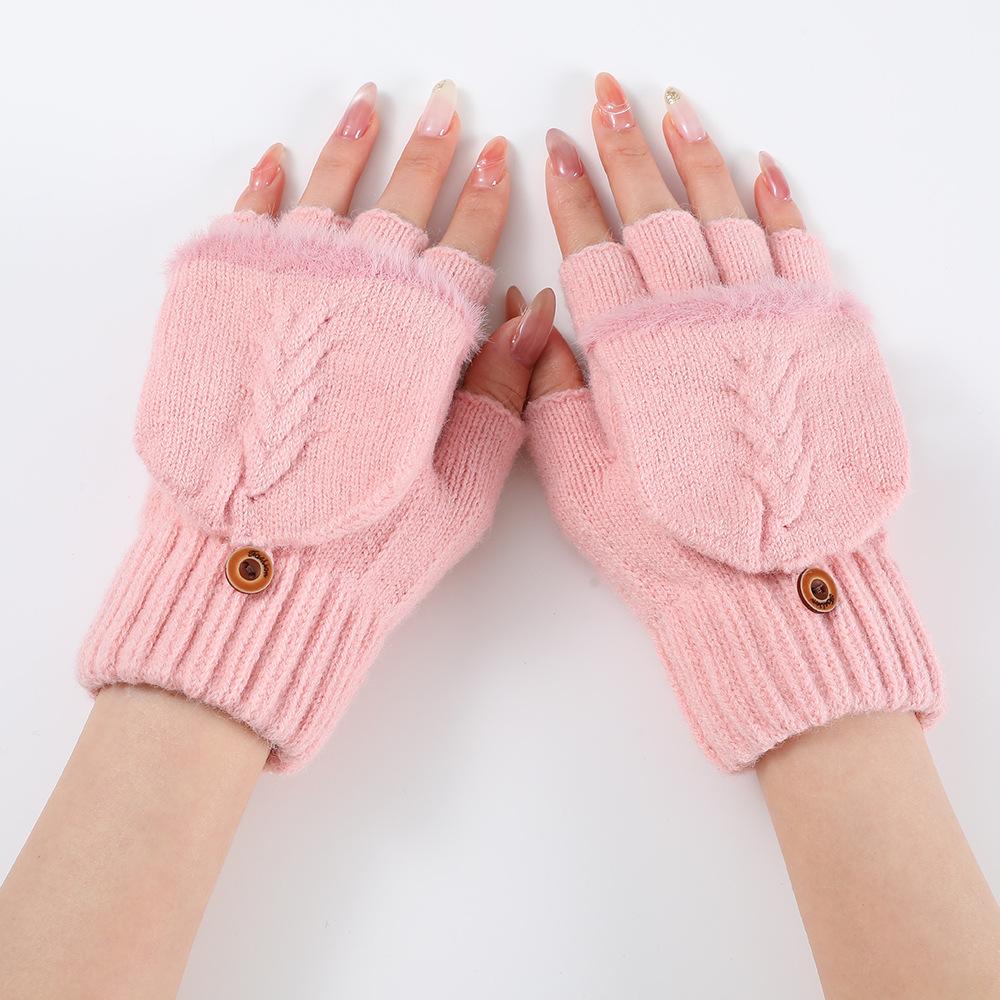 

1 пара осенне-зимних теплых шерстяных вязаных перчаток для женщин и девочек, утепленные флип-перчатки до половины пальцев, варежки светло-розовый