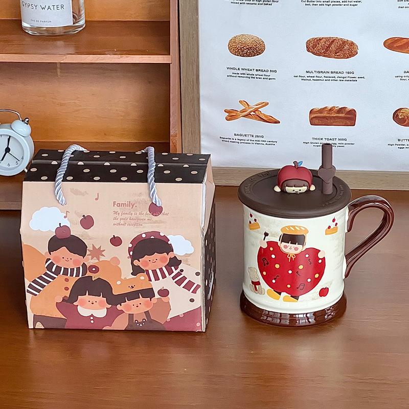 Retro Family Four-mouth Water Cup Cute Couple Ceramic Mug with Lid Home Coffee Cup Girl Birthday Gift
